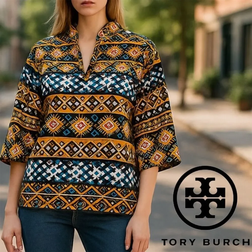 Tory Burch Geometric Wool Blend Multicolor V-Neck Pullover 3/4 Sleeve Blouse Top